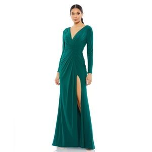 Mac Duggal 26554 NWT V-NECK LONG SLEEVE HIGH SLIT GOWN
